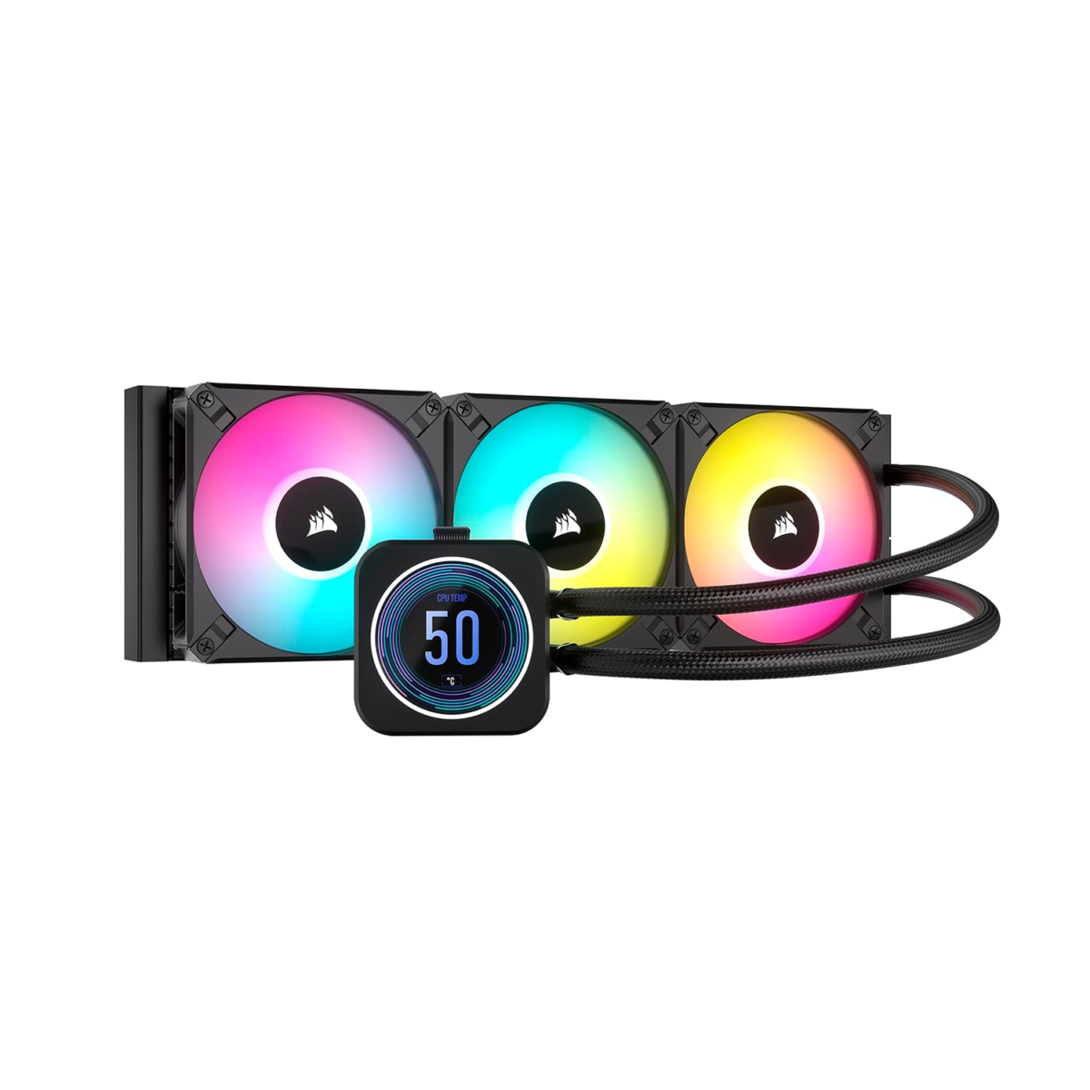 Icue H150I Elite LCD XT Liquid CPU Cooler - IPS LCD Screen - Three AF120 RGB Elite Fans - 360Mm Radiator - Fits Intel® LGA 1700, AMD® AM5, and More - Included Icue Commander CORE - Black - Image 1