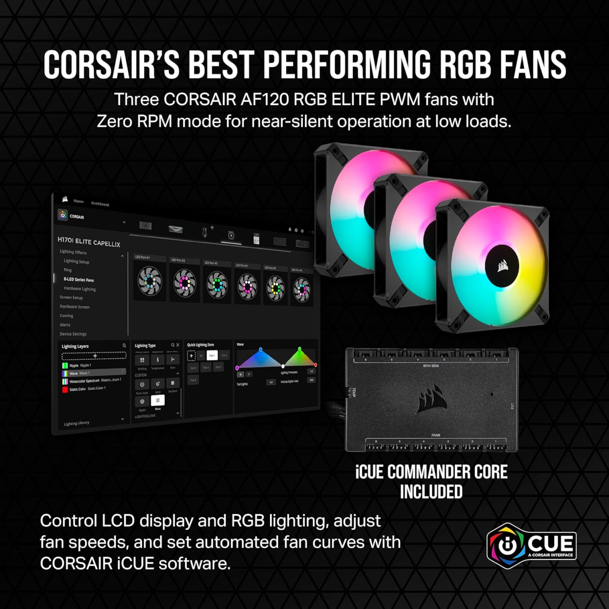 Icue H150I Elite LCD XT Liquid CPU Cooler - IPS LCD Screen - Three AF120 RGB Elite Fans - 360Mm Radiator - Fits Intel® LGA 1700, AMD® AM5, and More - Included Icue Commander CORE - Black - Image 4