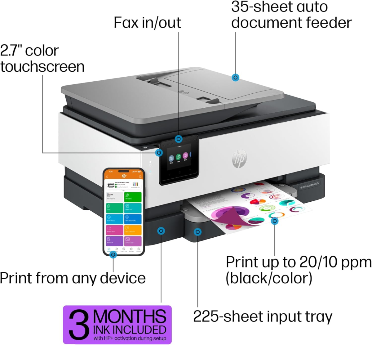 Officejet Pro 8135E Wireless All-In-One Color Inkjet Printer, Print, Scan, Copy, Fax, ADF, Duplex Printing, Best-For-Home Office, 3 Months of Ink Included (40Q35A) - Image 4