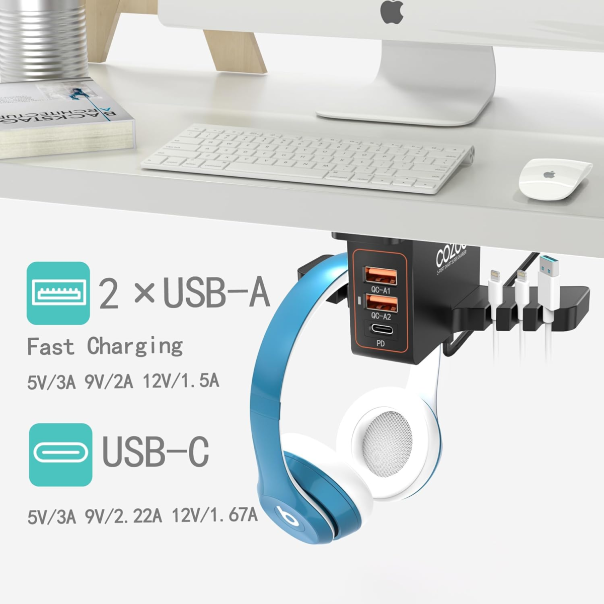 Headphone Stand with USB Charger under Desk Headset Holder Mount with 3 Port USB Charging Station (20W PD & QC3.0) and Iwatch Stand Smart Watch Charging Dock Dual Earphone Hanger Hook,Ul Tested - Image 3