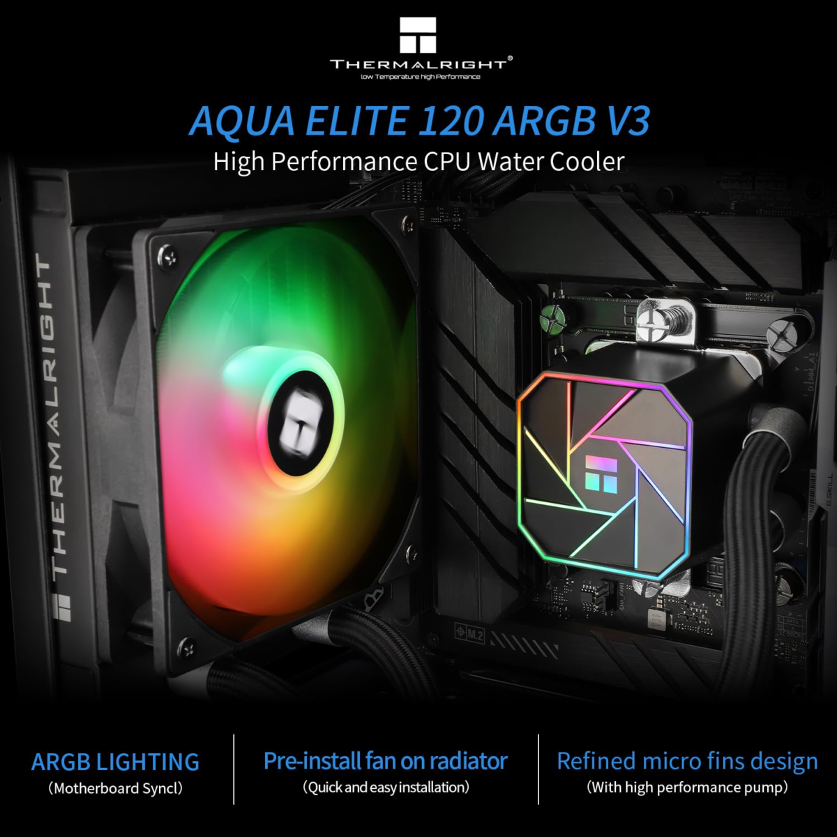 Aqua Elite 120 V3 Aio CPU Cooler, 120 Liquid Cooling Row, ARGB PWM Cooler Fans, for Intel LGA1150/1151/1155/1156/1200/2011/1700,AMD:AM4/AM5, PC Cooler Aio - Image 2