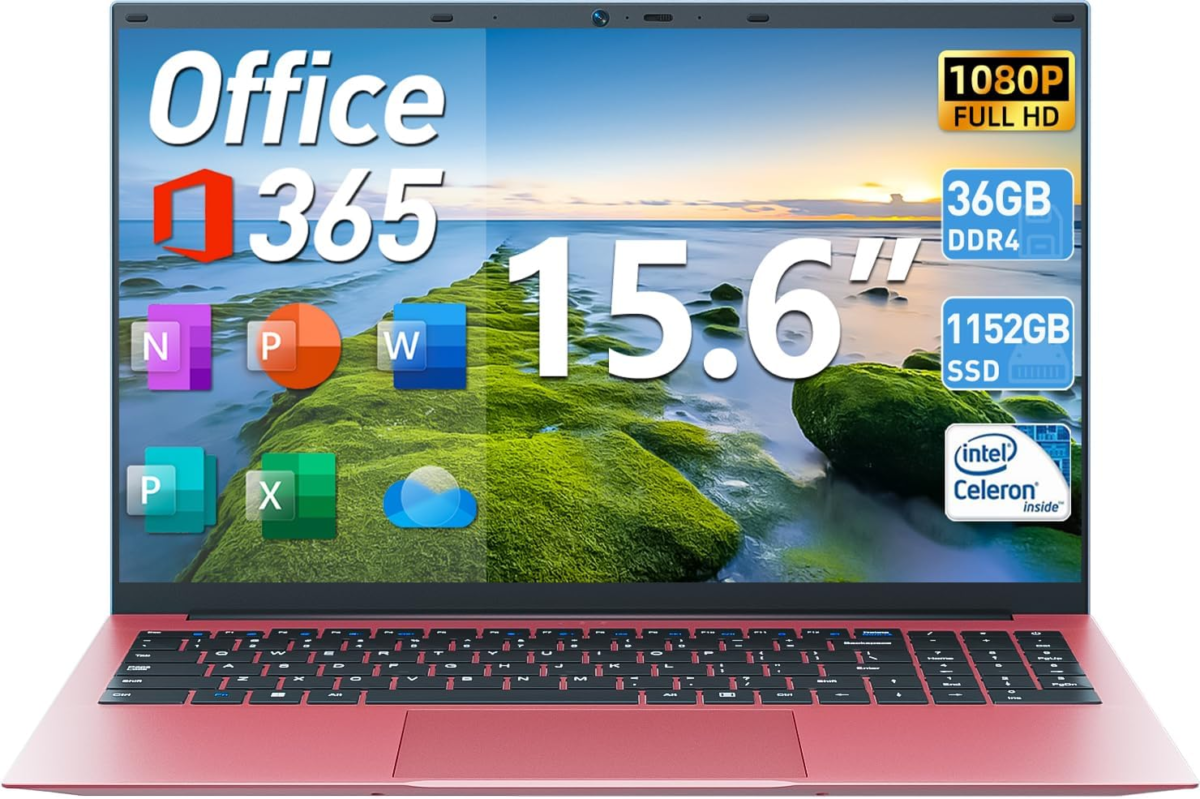 15.6 Inch Laptops, Laptop Computers Students Business with 36GB RAM 128GB EMMC+1024GB SSD, Celeron N5095 Quad-Core(Up to 2.9Ghz), 11 Home, Wifi 6, USB 3.2, HDMI, Type-C, 7000Mah Battery(Pink) - Image 1