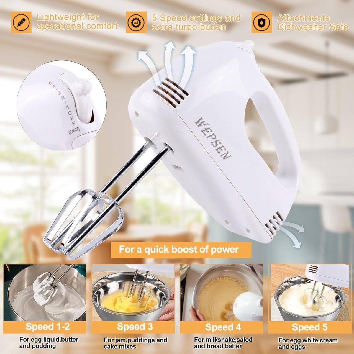 Hand Mixer Electric Mixing Bowls Set, 5 Speeds Handheld Mixer with 4 Nesting Stainless Steel Mixing Bowl, Measuring Cups Spoons 200W Kitchen Blender Whisk Beater Baking Supplies for Beginner - Image 2