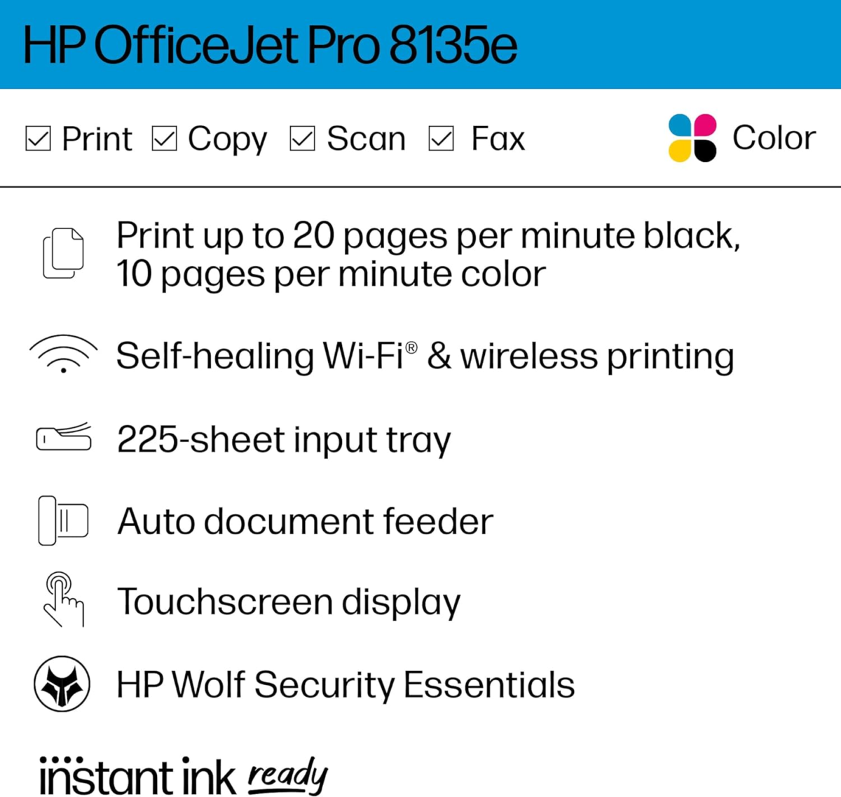 Officejet Pro 8135E Wireless All-In-One Color Inkjet Printer, Print, Scan, Copy, Fax, ADF, Duplex Printing, Best-For-Home Office, 3 Months of Ink Included (40Q35A) - Image 2