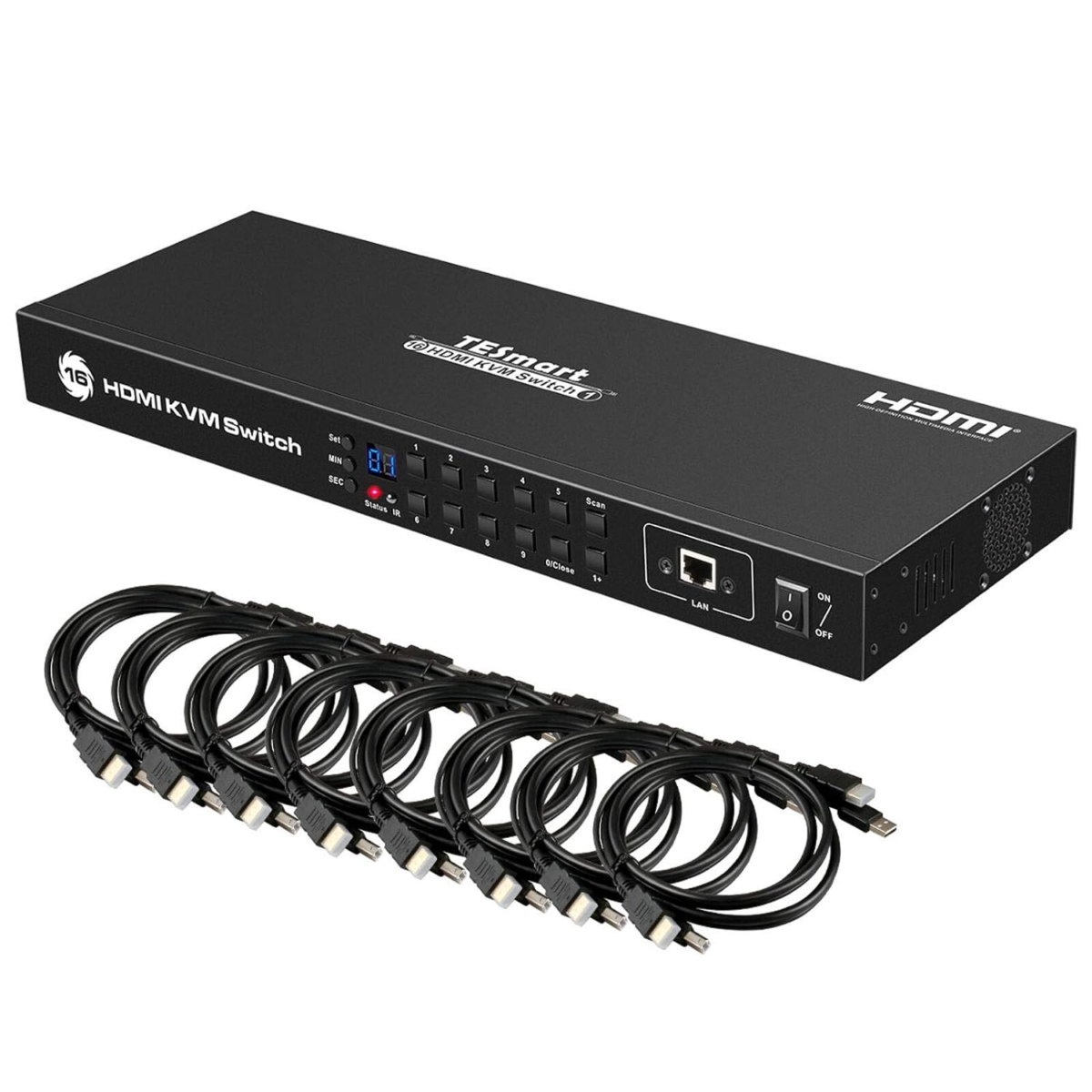 4K UHD 16 Ports HDMI KVM Switch, Console Rack Mount Switch with 8 Pcs 5Ft KVM Cable, USB 2.0 Device 16 Port Inputs, Control up to 16 Computers/Servers, with RS232 and LAN Port - Image 1