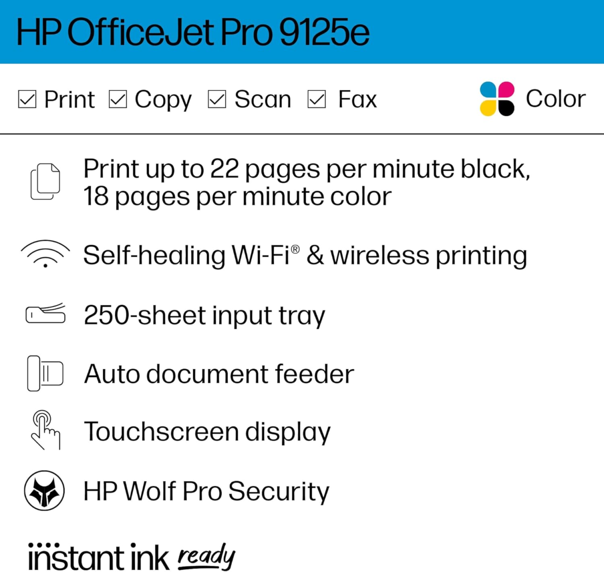 Officejet Pro 9125E All-In-One Printer, Color, Printer-For-Small Medium Business, Print, Copy, Scan, Fax,Touchscreen; Smart Advance Scan, 3 Months of Instant Ink Included - Image 2