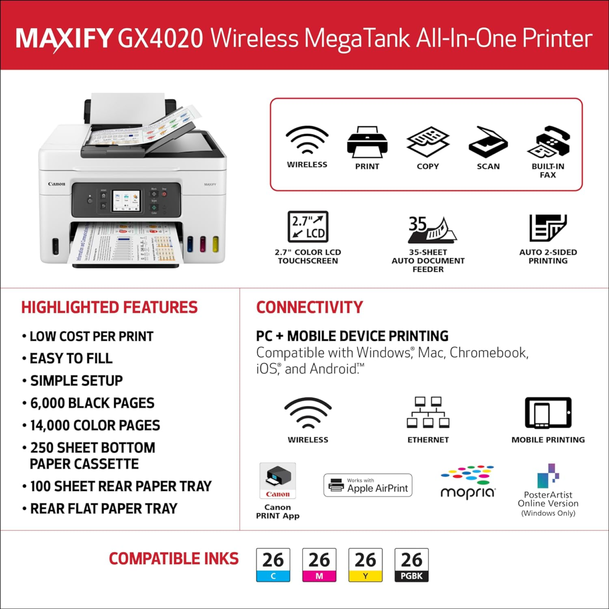 Megatank GX4020 All-In-One Wireless Supertank Printer with Print, Copy, Scan and Fax | Auto Document Feeder | Mobile Printing | 2.7" LCD Touch Screen - Image 6