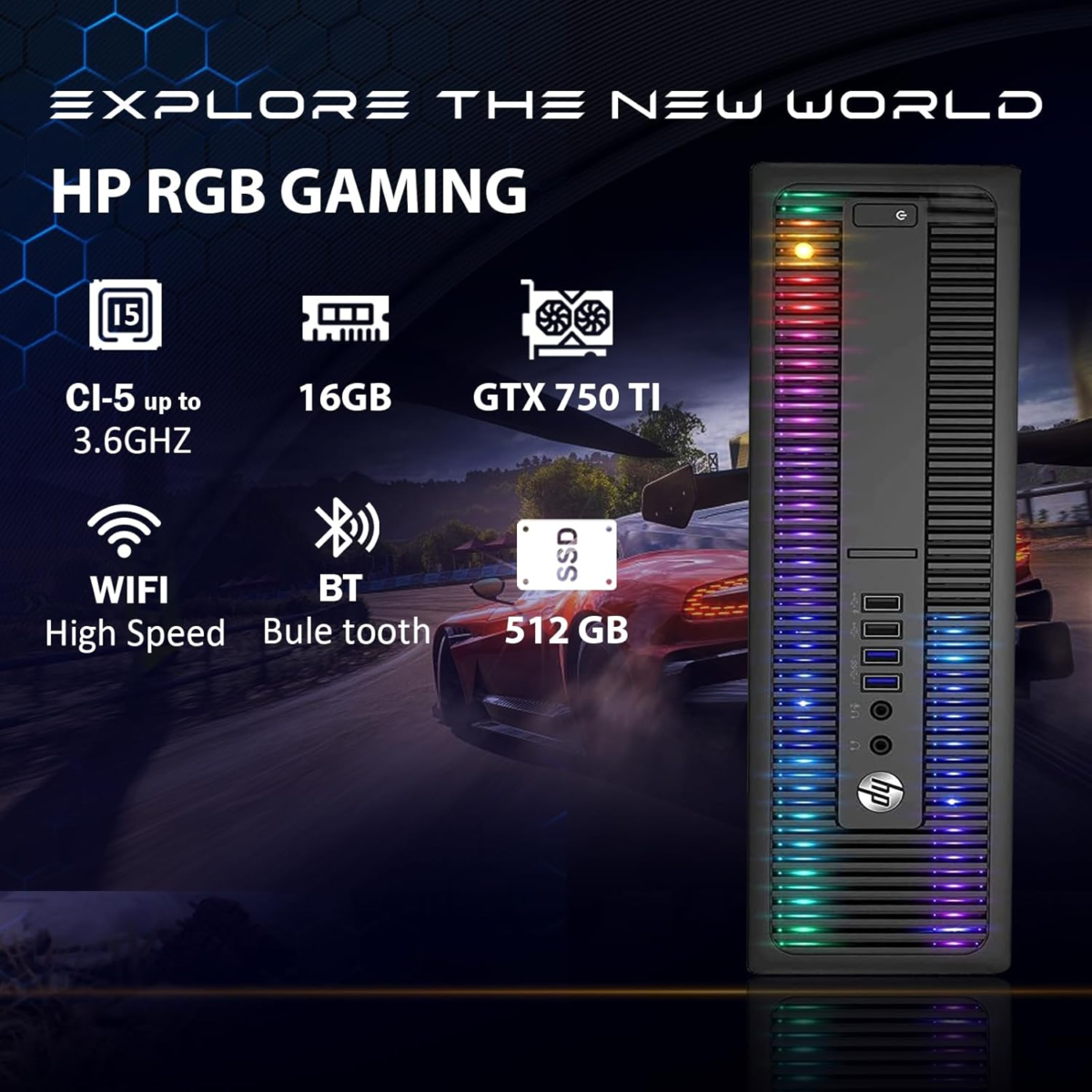 HP RGB Gaming Desktop Computer, Intel Quad Core I5-6500 up to 3.6Ghz, Geforce GTX 750 Ti 4G, 16GB DDR4, 512G SSD, RGB Keyboard & Mouse, 600M Wifi & Bluetooth, Win 10 Pro (Renewed) - Image 3