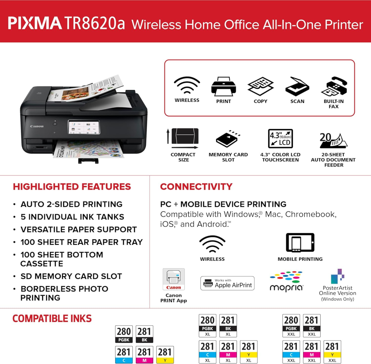 PIXMA Tr8620A - All-In-One Printer Home Office|Copier|Scanner|Fax|Auto Document Feeder | Photo, Document | Airprint (R), Android, Black, Works with Alexa - Image 6