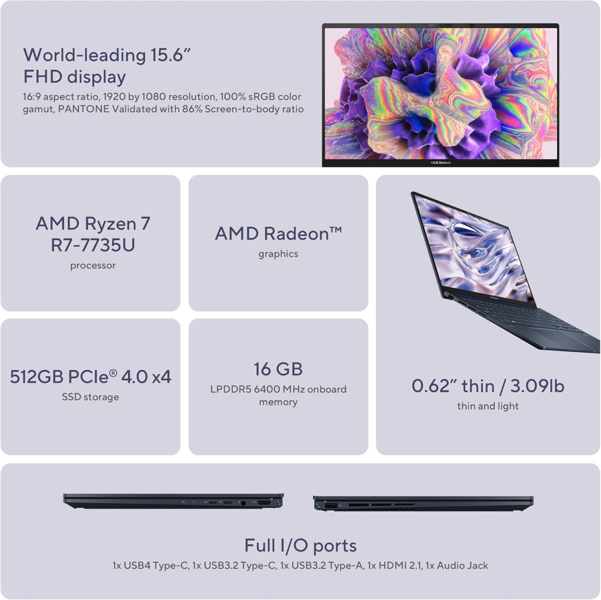 Zenbook 15 Laptop, 15.6” FHD Display, AMD Ryzen 5 7535U CPU, AMD Radeon Graphics, 16GB RAM, 512GB SSD, Windows 11 Home, Ponder Blue, UM3504DA-AS54 - Image 3