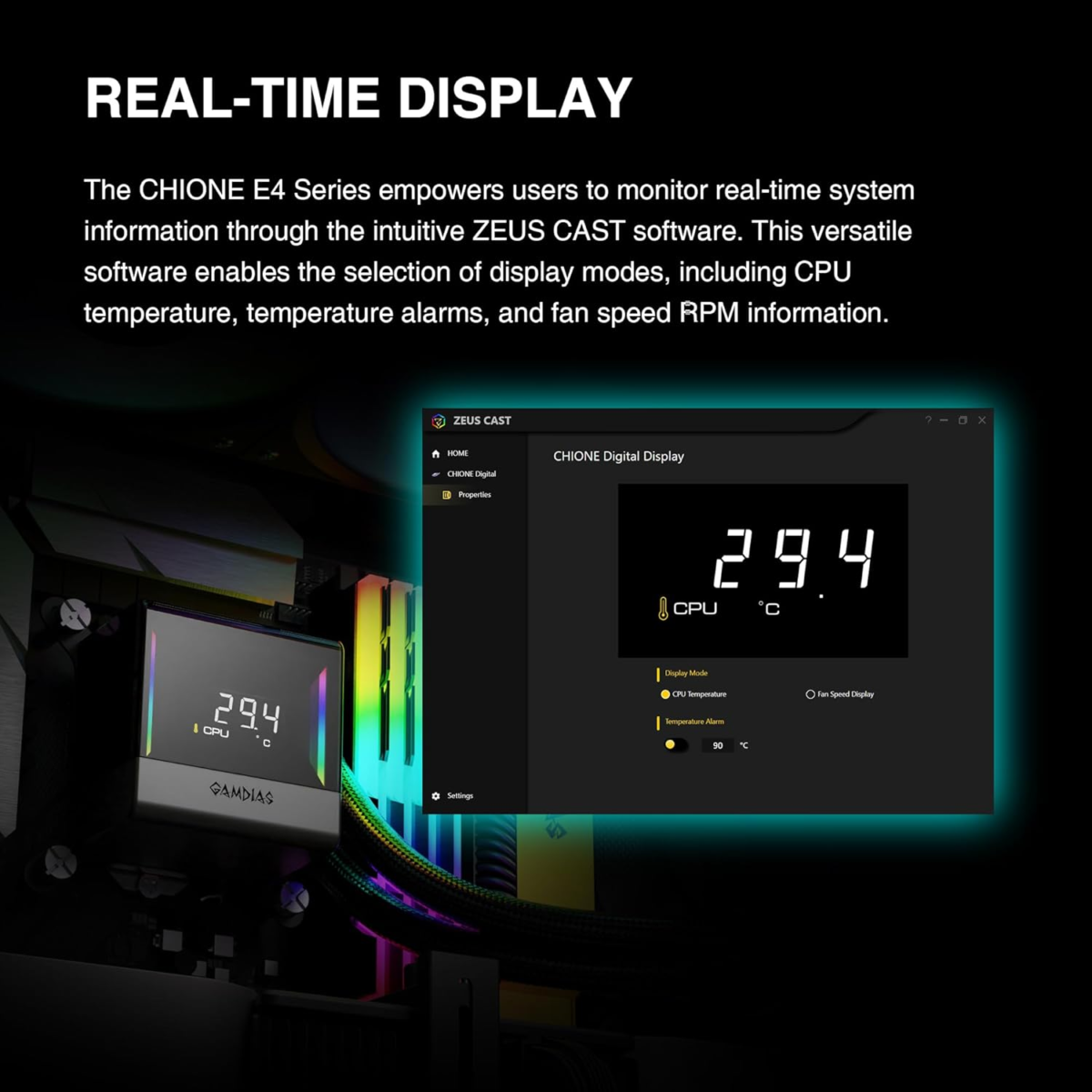 CHIONE E4 360Mm AIO CPU Liquid Cooler, Real-Time Digital Display Patented PWM Pump, Hidden Cable Design, ARGB PWM Fan W/Mb Sync, Intel LGA 1700/1200, AMD AM5/AM4, Black - Image 5