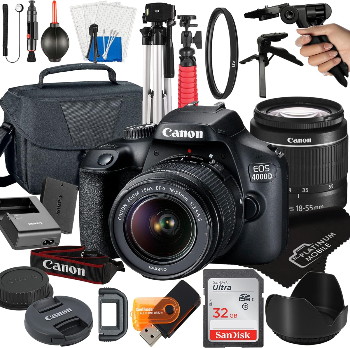 Canon EOS 4000D / Rebel T100 DSLR Camera with 18-55Mm Lens + Platinum Mobile Accessory Bundle Package Includes: Sandisk 32GB Card, Tripod, Case, Pistol Grip and More (21Pc Bundle), Black (Renewed) - Image 1