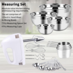 Hand Mixer Electric Mixing Bowls Set, 5 Speeds Handheld Mixer with 4 Nesting Stainless Steel Mixing Bowl, Measuring Cups Spoons 200W Kitchen Blender Whisk Beater Baking Supplies for Beginner - Image 4