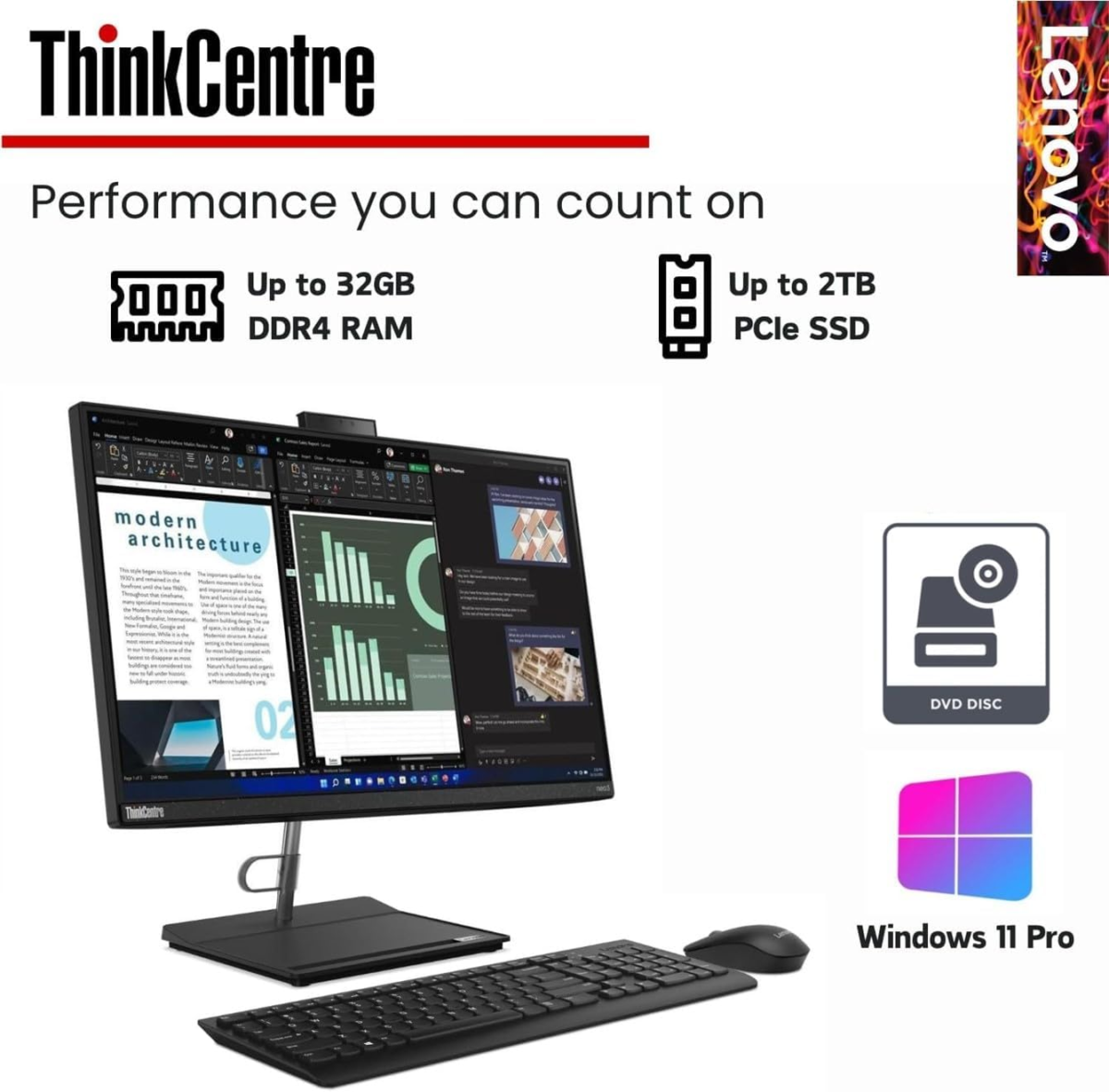 Thinkcentre All-In-One Business Computer, 23.8" FHD Display, 12Th Gen Intel 6-Core Processor, 16GB RAM, 512GB Pcie SSD, Wi-Fi, HDMI, Webcam, DVD-RW, Windows 11 Pro - Image 2