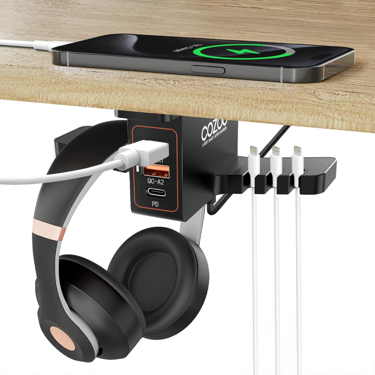 Headphone Stand with USB Charger under Desk Headset Holder Mount with 3 Port USB Charging Station (20W PD & QC3.0) and Iwatch Stand Smart Watch Charging Dock Dual Earphone Hanger Hook,Ul Tested - Image 1