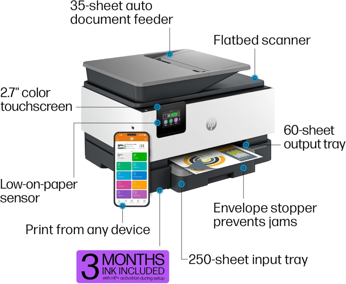 Officejet Pro 9125E All-In-One Printer, Color, Printer-For-Small Medium Business, Print, Copy, Scan, Fax,Touchscreen; Smart Advance Scan, 3 Months of Instant Ink Included - Image 4