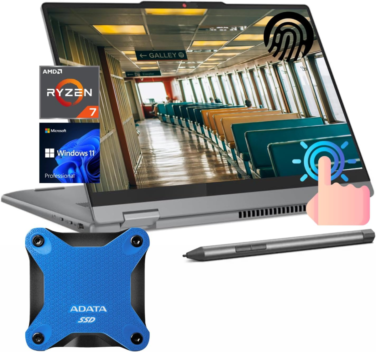 Newest Ideapad 5 14" Touch Ryzen 7 Business 2-In-1 Laptop, 14" FHD+ Touchscreen, AMD Ryzen 7 8845HS, 16GB RAM, 512GB SSD, FP Reader, Backlit KB, Stylus Pen, W11P, with 512GB External SSD Bundle - Image 1