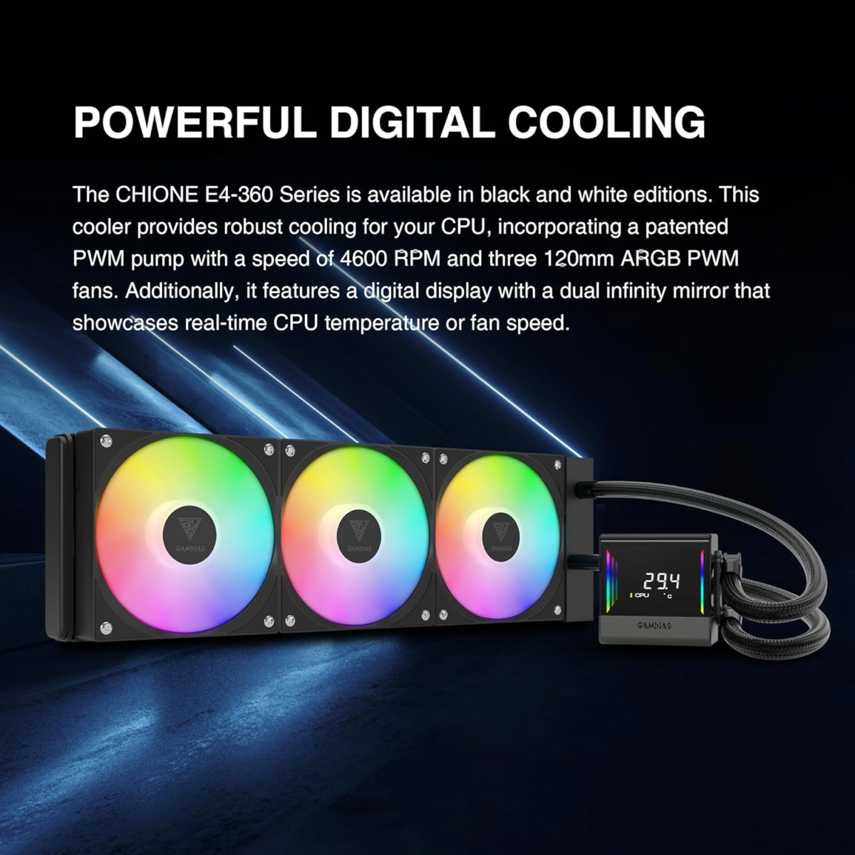 CHIONE E4 360Mm AIO CPU Liquid Cooler, Real-Time Digital Display Patented PWM Pump, Hidden Cable Design, ARGB PWM Fan W/Mb Sync, Intel LGA 1700/1200, AMD AM5/AM4, Black - Image 7