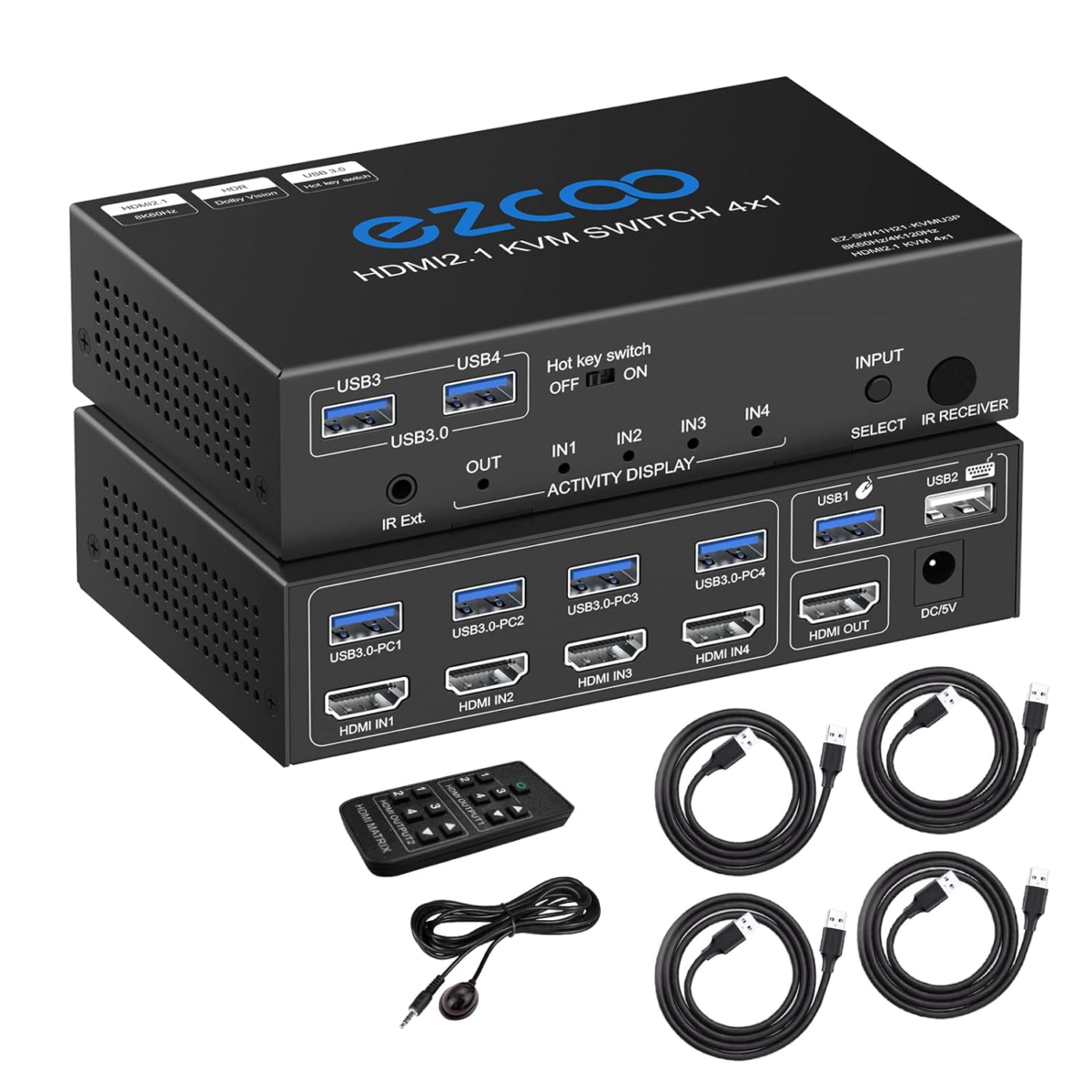 USB 3.0 KVM Switch HDMI 4 Computer 1 Monitor 8K 4K 120Hz VRR G/Sync HDCP Bypass Atmos IR Remote - 4X USB3.0 Cable, Hotkey for USB 1.0 Keyboard Mouse Printer, IR Extend Windows Mac 41KVM8K - Image 1