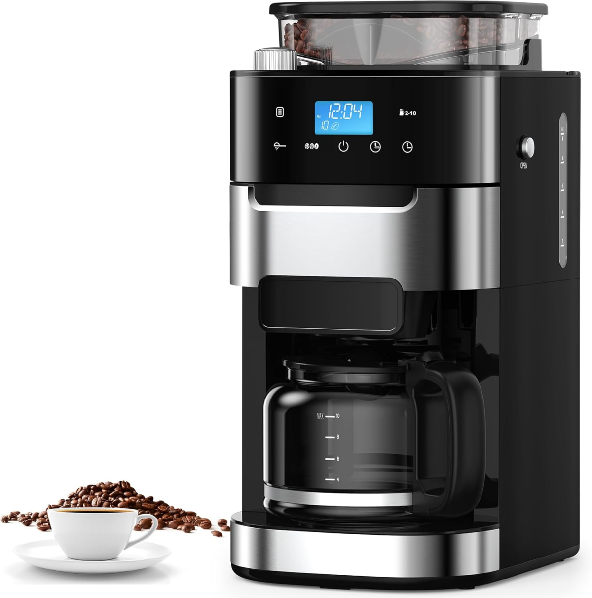 10-Cup Drip Coffee Maker with Built-In Grinder, 24-Hour Programmable, Adjustable Grind & Brew, Keep Warm Plate, 50.7Oz Water Reservoir, Ideal for Home & Office - Black - Image 1