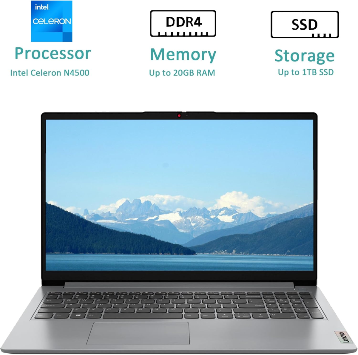 Ideapad 1I Laptop, 15.6 Inch Anti-Glare Display, Intel Celeron Processor, 20GB RAM, Storage: 1TB SSD+128GB Emmc, Windows 11 Home, 1 Year Microsoft 365, Webcam, Wi-Fi, Alpacatec Accessory - Image 2
