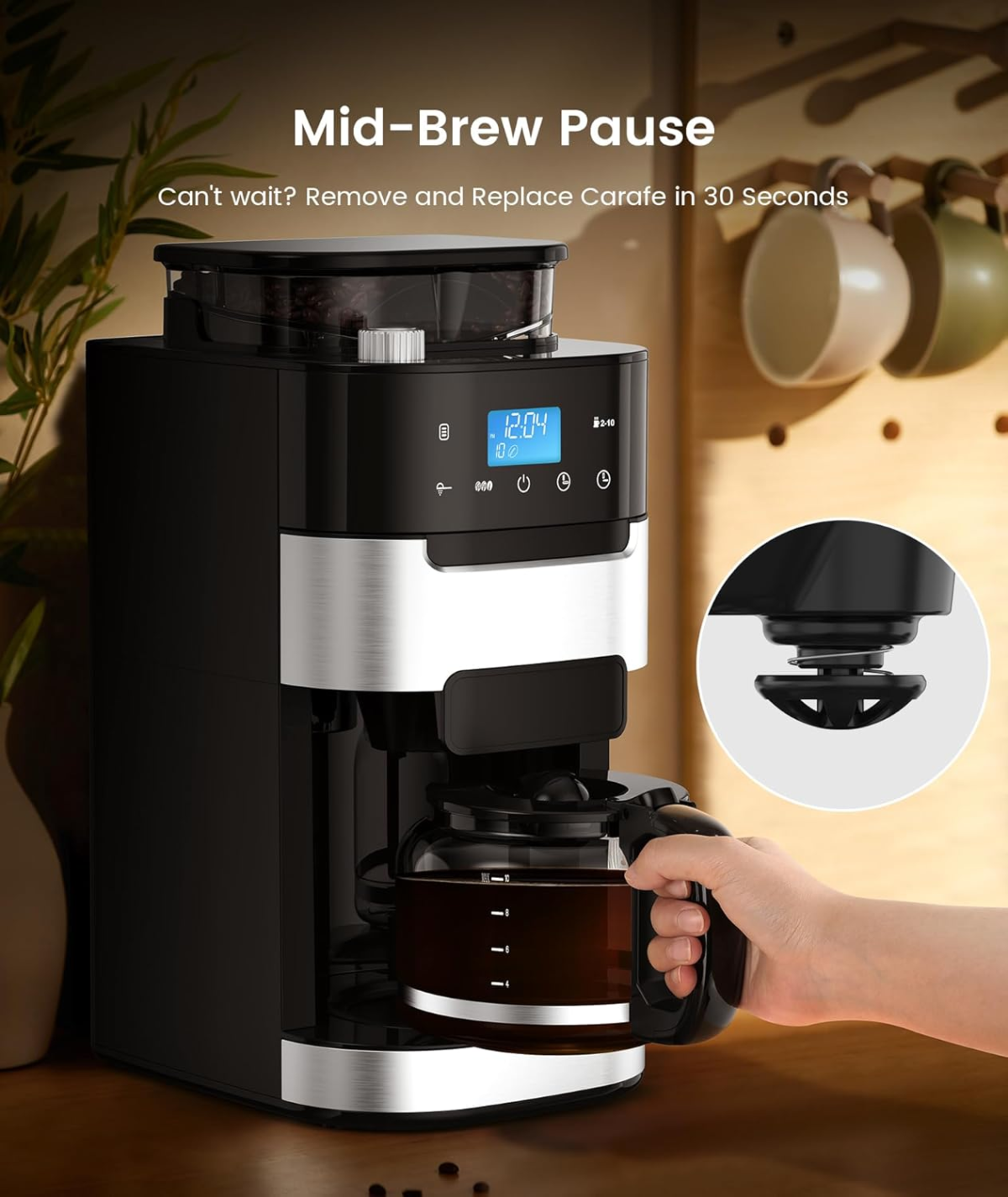 10-Cup Drip Coffee Maker with Built-In Grinder, 24-Hour Programmable, Adjustable Grind & Brew, Keep Warm Plate, 50.7Oz Water Reservoir, Ideal for Home & Office - Black - Image 6