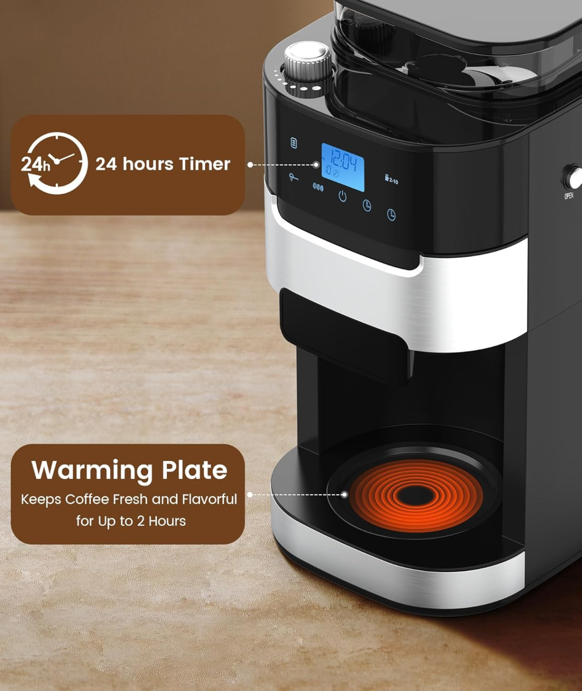 10-Cup Drip Coffee Maker with Built-In Grinder, 24-Hour Programmable, Adjustable Grind & Brew, Keep Warm Plate, 50.7Oz Water Reservoir, Ideal for Home & Office - Black - Image 7