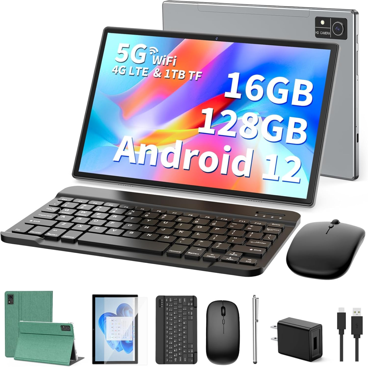 Android Tablet 10 Inch, 2 in 1 Android 12 Tablet with 16GB + 128GB,1TB Expand, Octa-Core, Sim Card Slot, 5G Wifi, Bt5.0,8000Mah, 4G Cellular Tablet with Keyboard, Mouse, Case, Stylus(Green) - Image 1