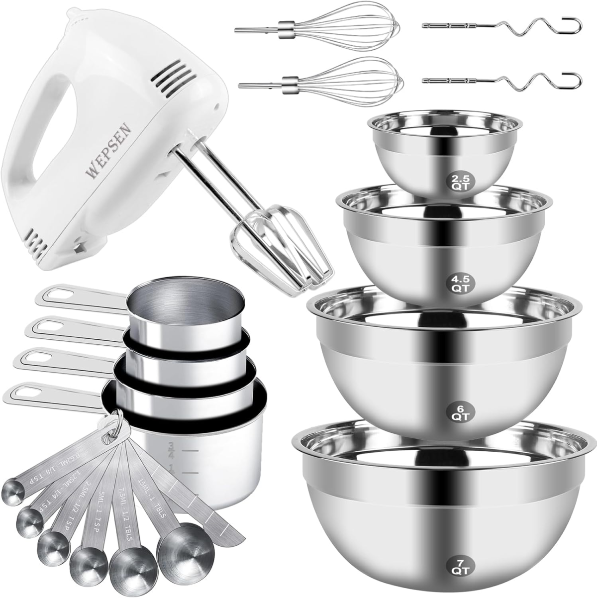 Hand Mixer Electric Mixing Bowls Set, 5 Speeds Handheld Mixer with 4 Nesting Stainless Steel Mixing Bowl, Measuring Cups Spoons 200W Kitchen Blender Whisk Beater Baking Supplies for Beginner - Image 1